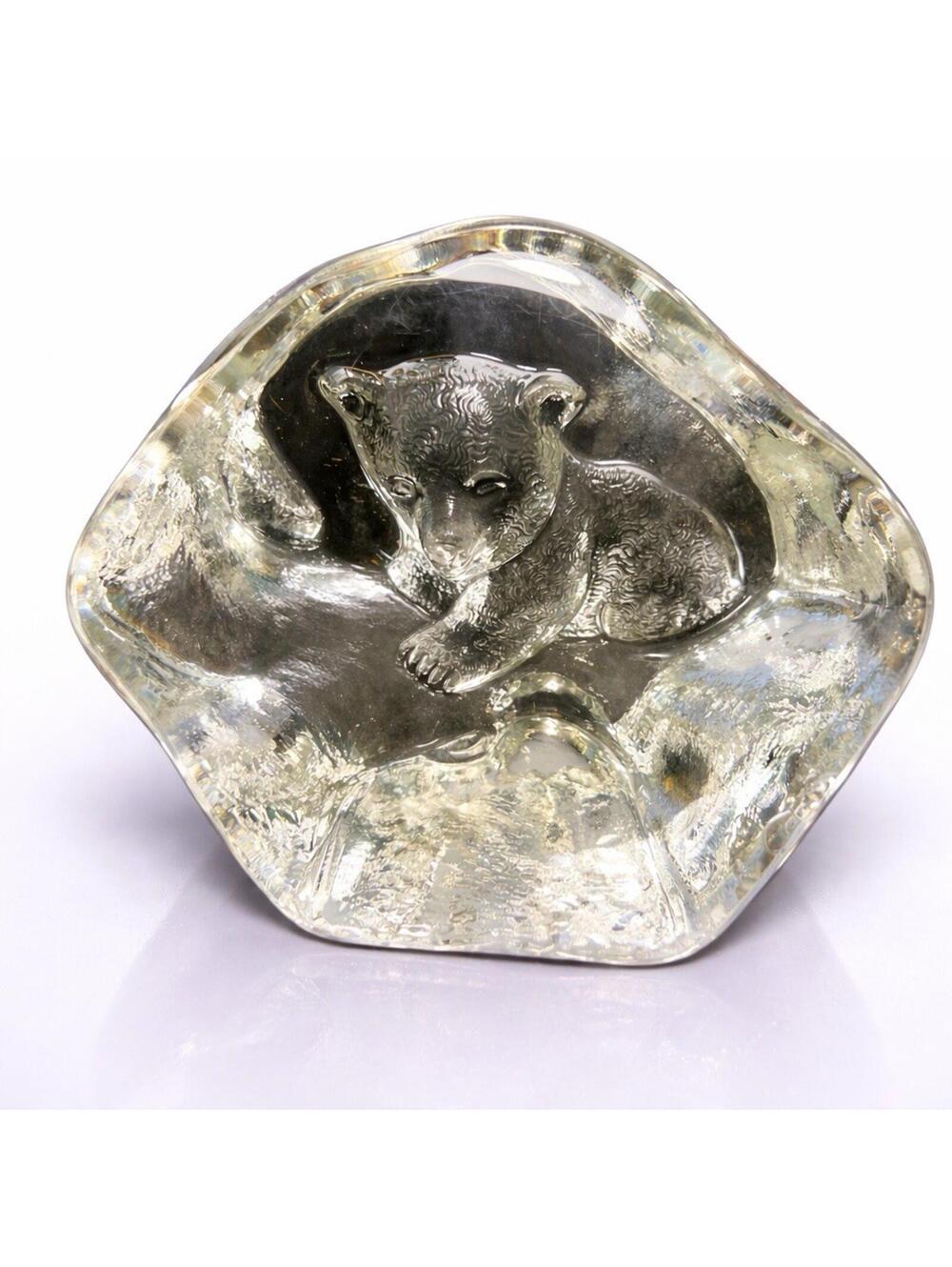 Mats Jonasson Målerås 1980s Bear Cub Lead Crystal Paperweight #3332, 4x3.5”